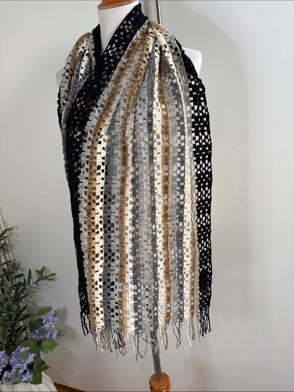 Missoni Black White Gray Gold Striped Fringe Knit Scarf Wrap